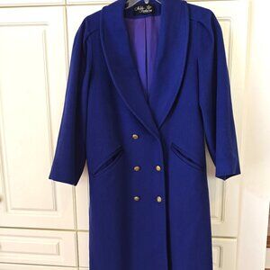 Noble Fashions Royal Blue Wool Coat, Size Large, Vintage